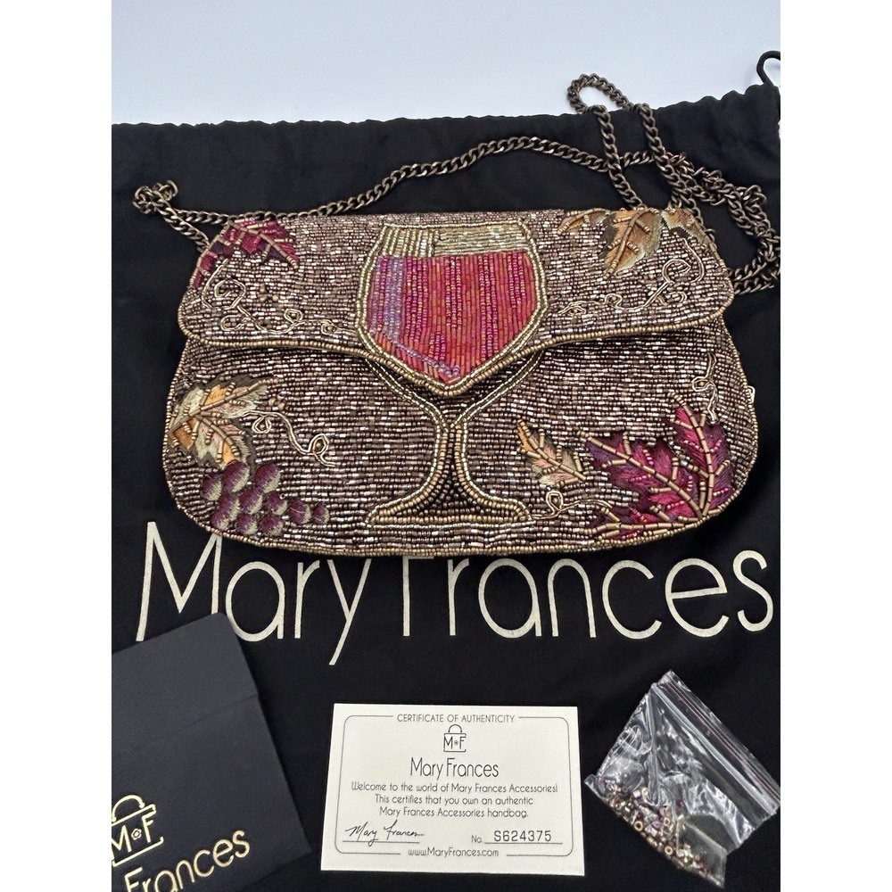 Mary Frances Beaded Wine Theme Shoulder/Crossbody Chain Strap Bag w/ Dust Bag - Picture 3 of 10